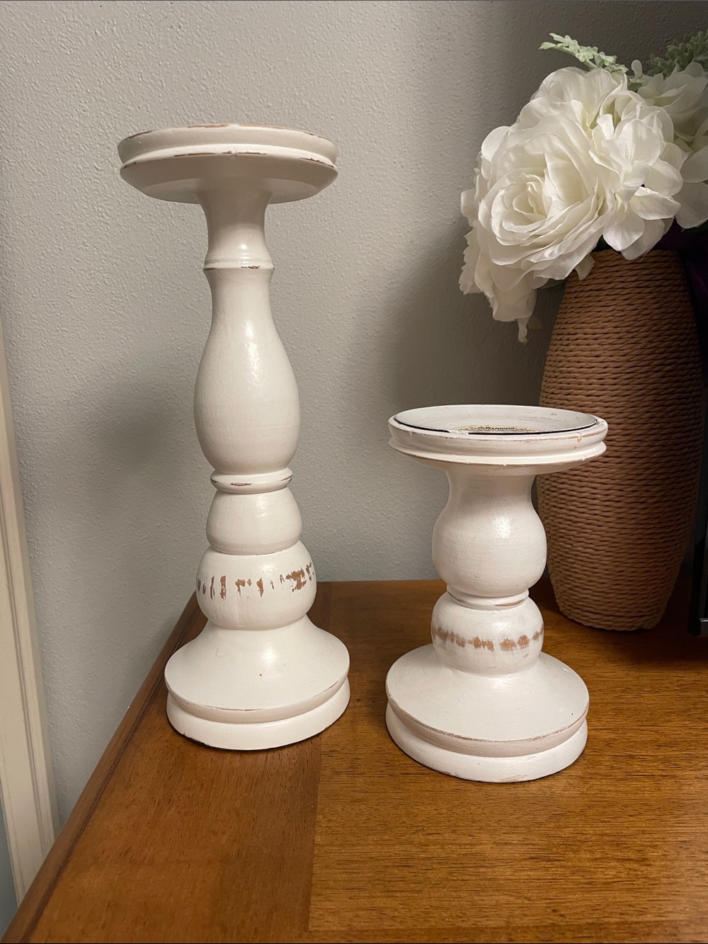 Set of 2 Pier 1 Wooden Whitewashed Distressed Pillar Candle Holders Shabby Chic